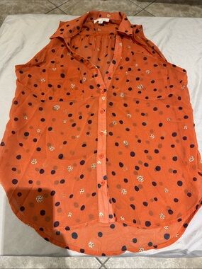 Lush Orange Polka Dot Sleeveless Button-Down Shirt